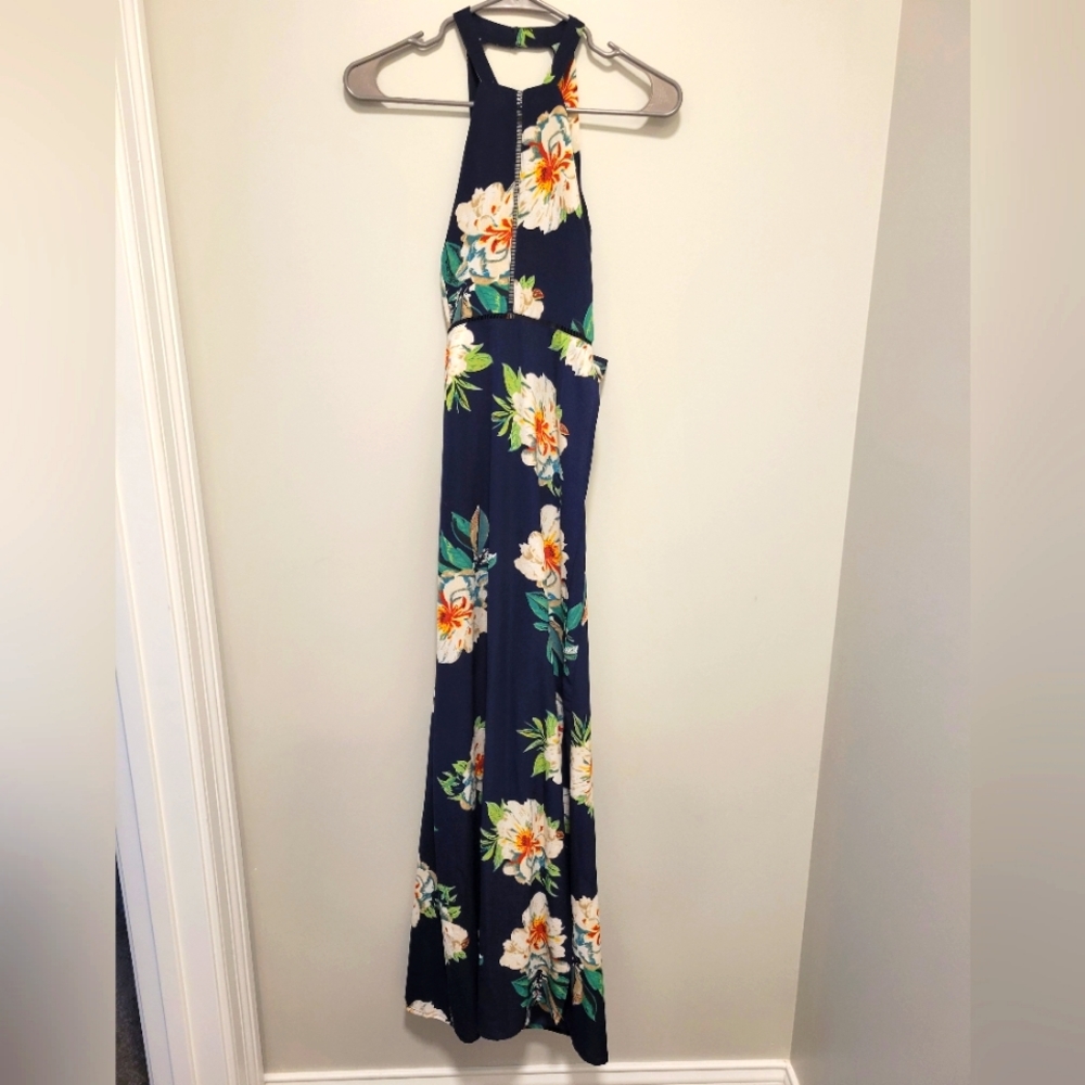 High neckline navy floral dress